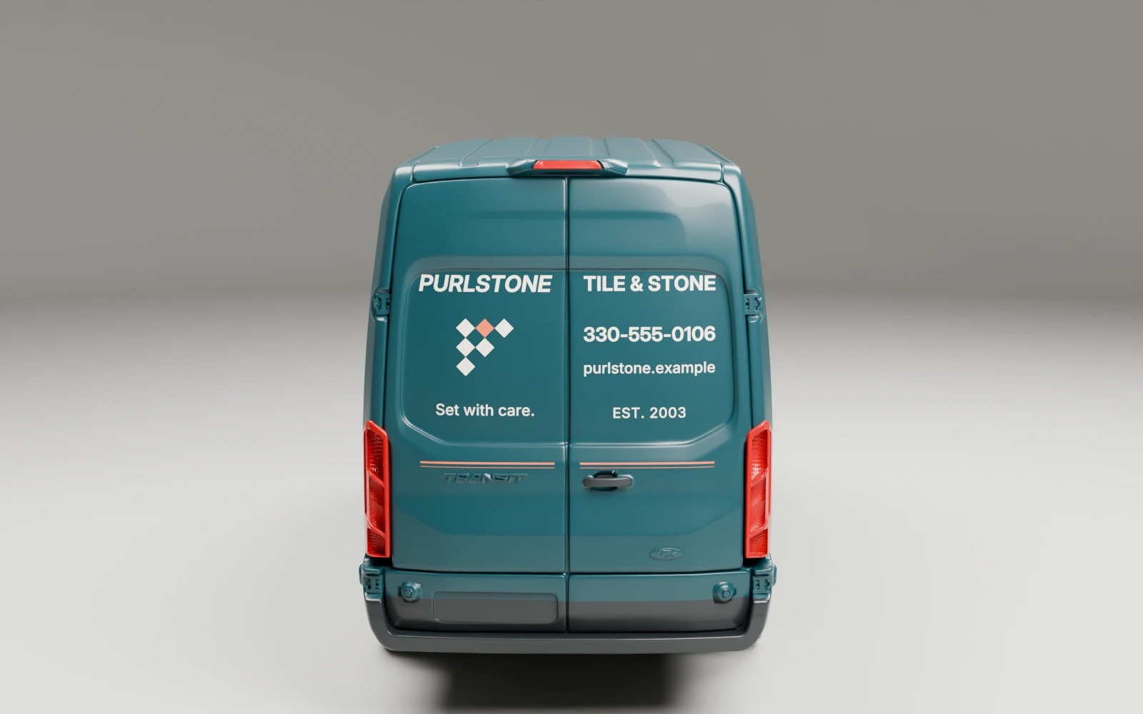 The same deep-teal high-roof van from behind, cream Purlstone Tile & Stone lettering and a coral-and-cream diamond block across the rear doors