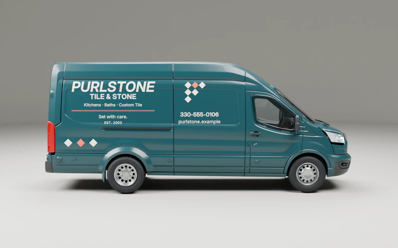 The same deep-teal high-roof van in profile, the cream Purlstone Tile & Stone lettering and the coral-and-cream lozenge pattern running the length of the cargo side