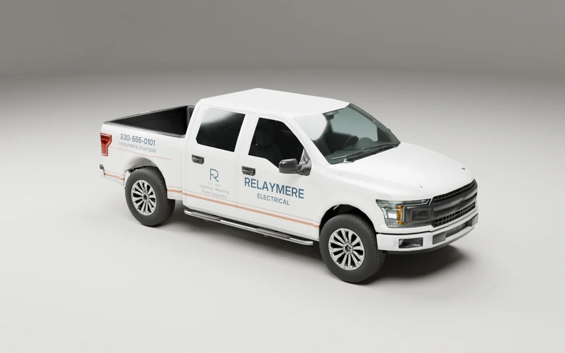 White crew-cab pickup with navy Relaymere Electrical lettering, a circuit-inspired R and narrow copper stripes, with separate bed phone and website, and copper rules.