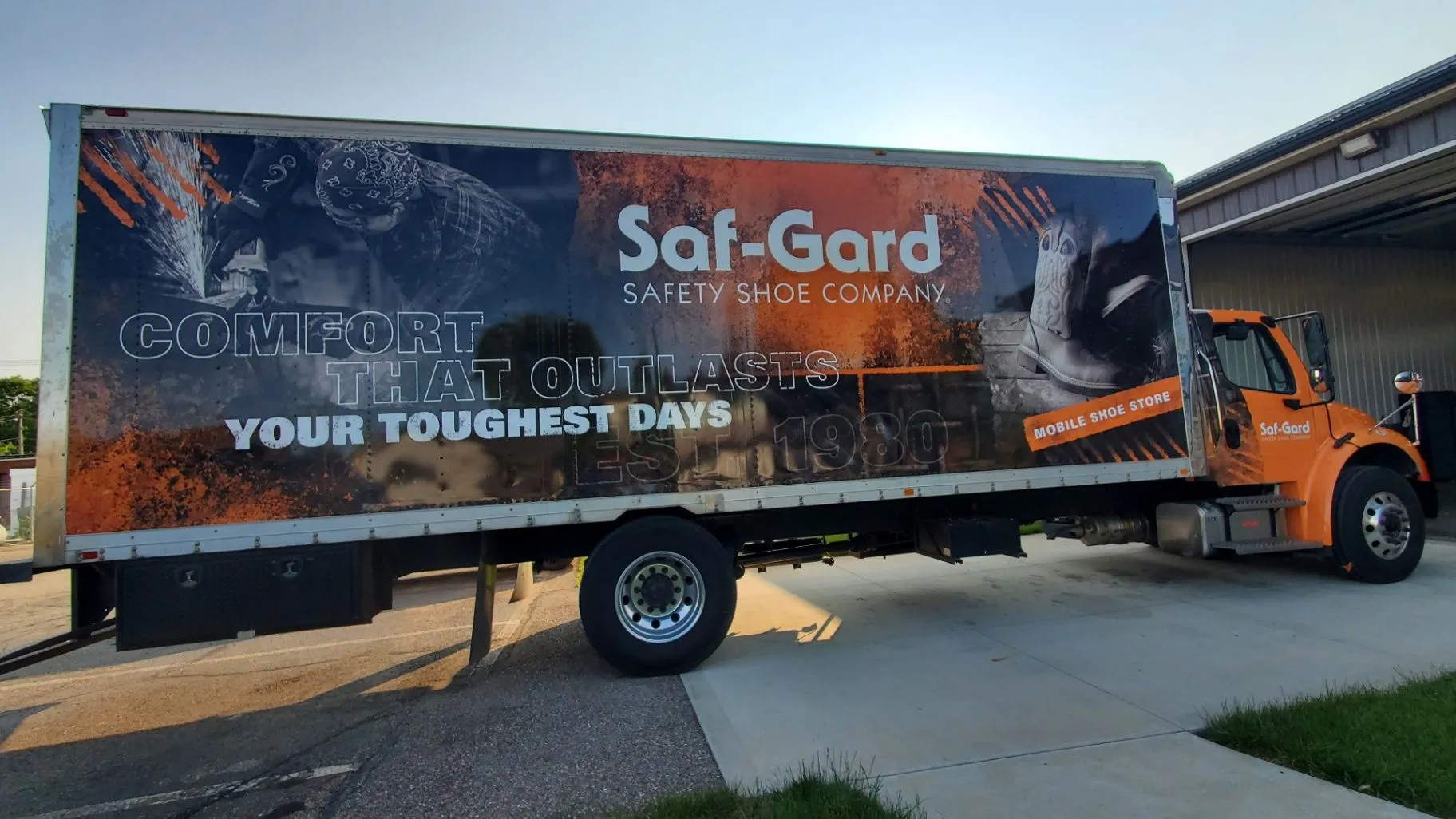 Saf-Gard Safety Shoe Company box truck with a full printed box wrap